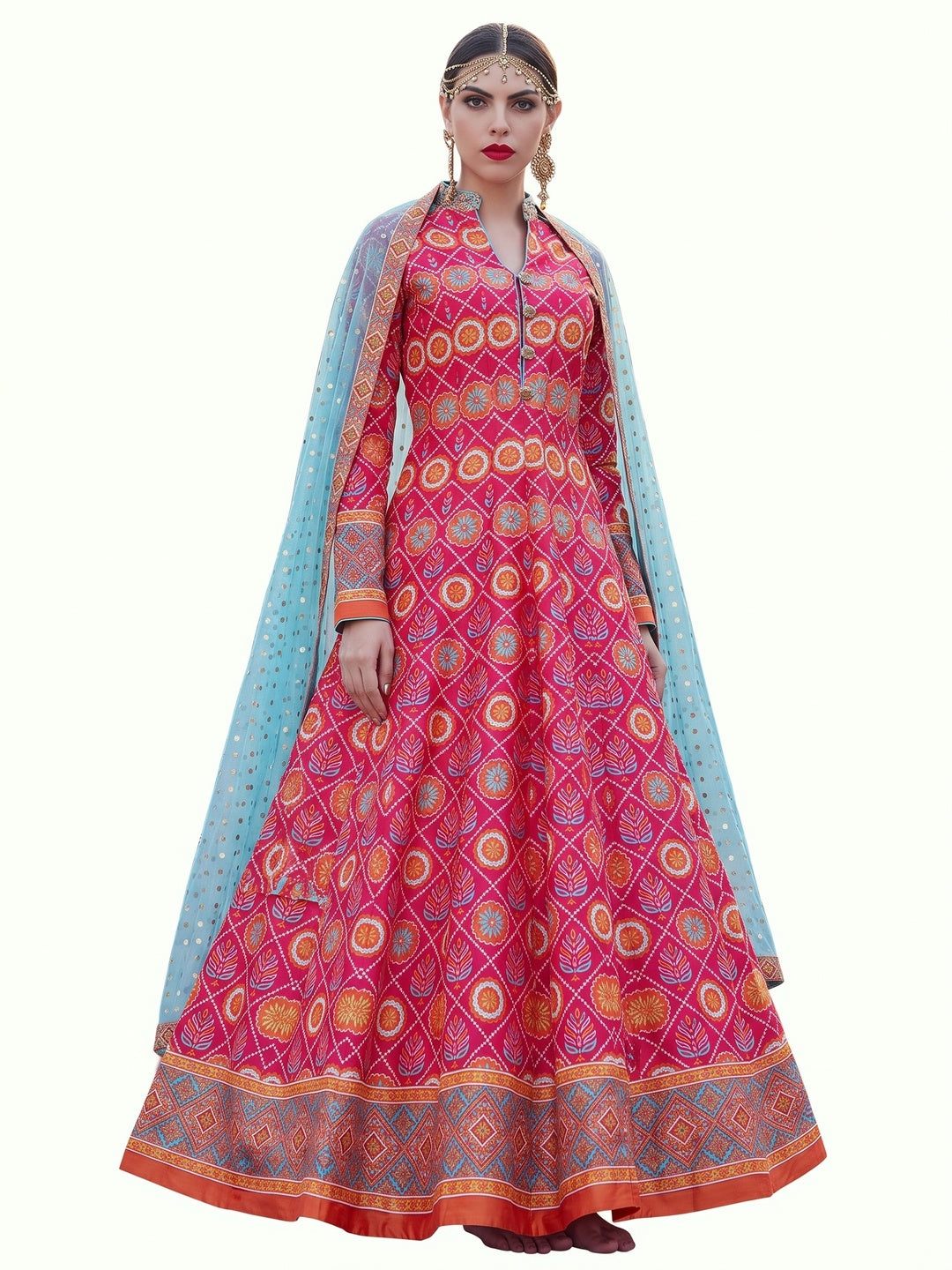 Groovy Pink Colored Partywear Digital Printed Silk Gown - Image 1