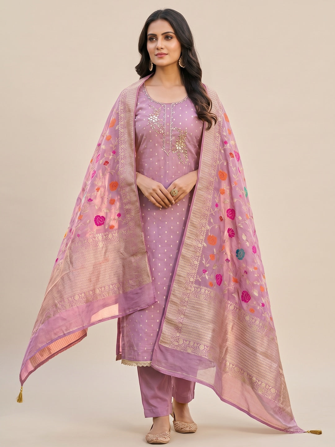 Elegant Light Purple Weaving Shimmer Banarasi Dress Material Adorned With Floral Moti & Sequin Work - Image 3