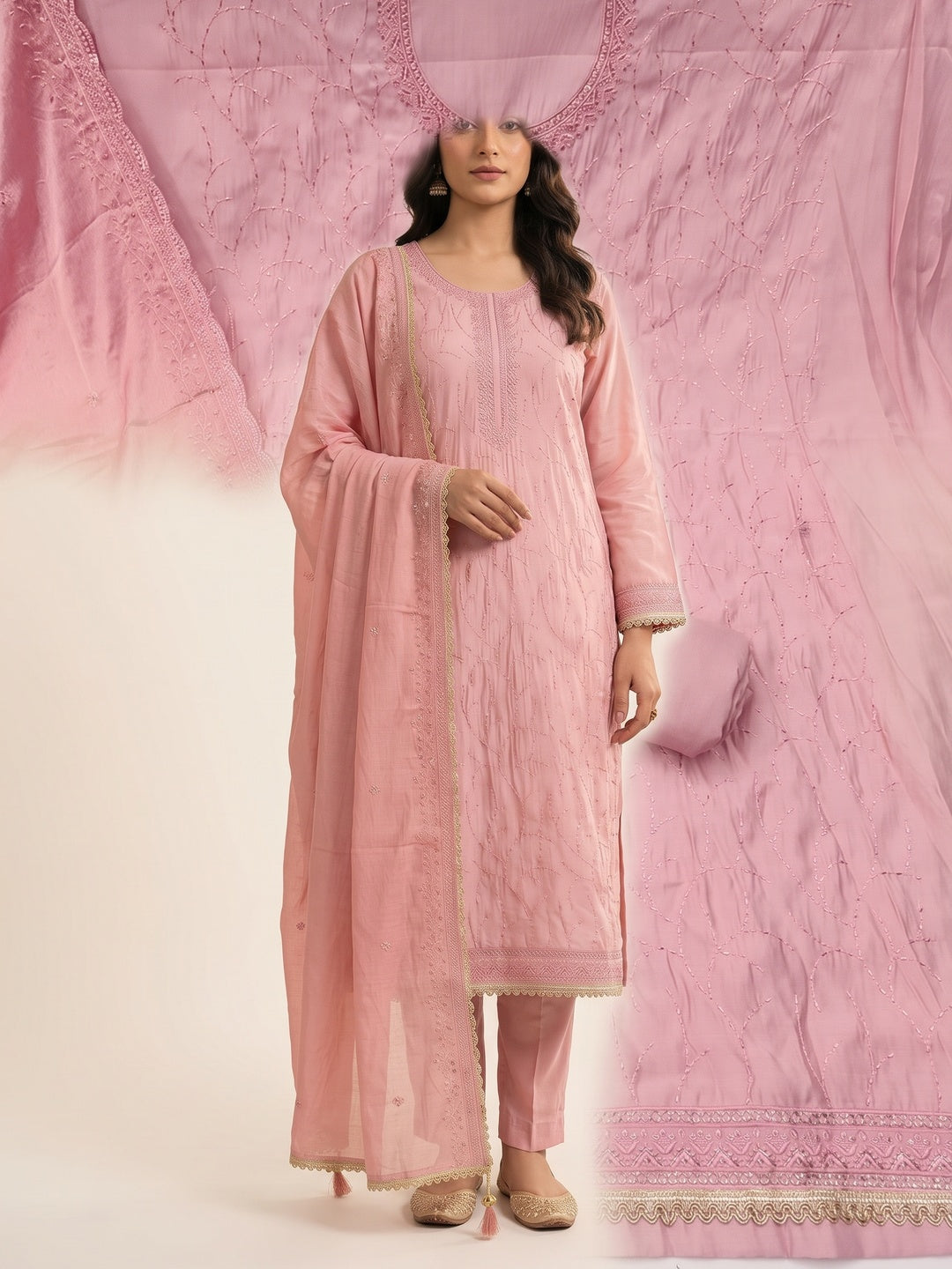 Premium Peach Cotton Silk Dress Material Enhanced With Delicate Thread Embroidery & Handwork - Image 3
