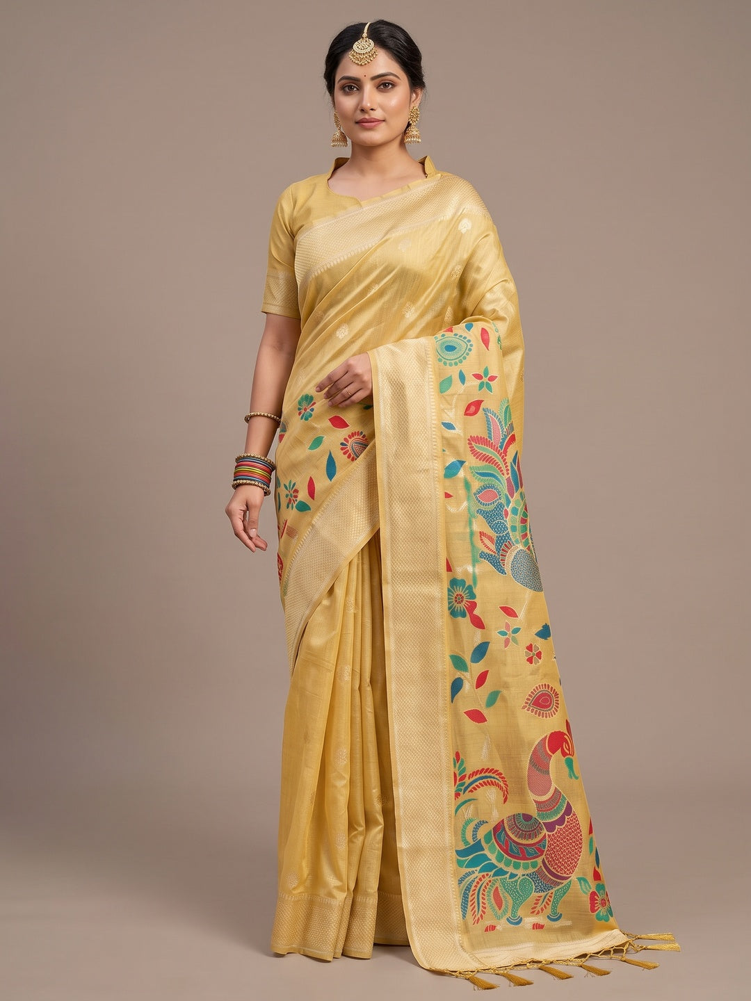 Classic Yellow Floral Weaving Tissue Saree Enhanced With Peacock Motif Pallu & Tassels - Image 3