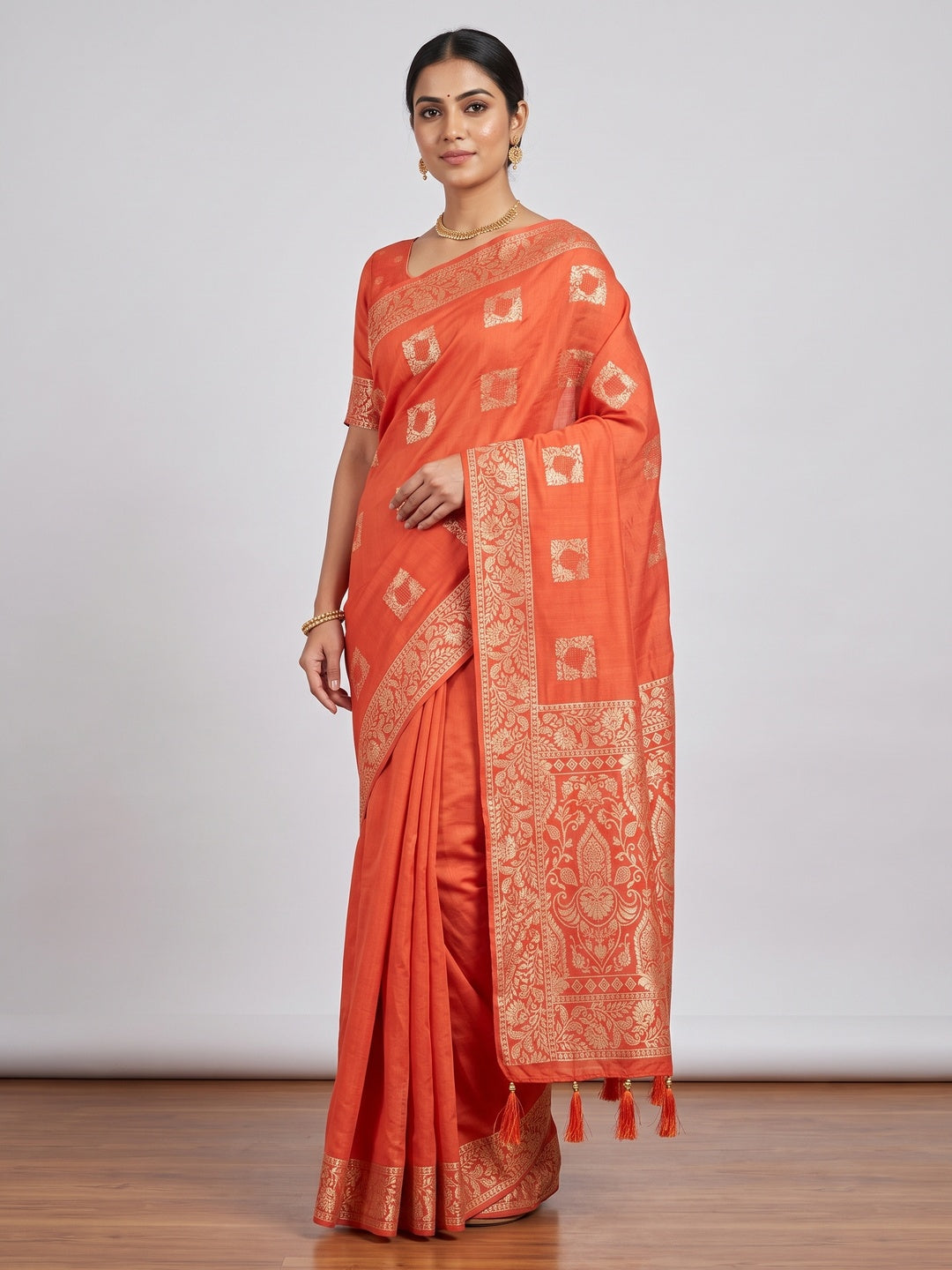 Elegant Orange Cotton Blend Saree Crafted With Rich Zari Weaving & Heritage Floral Design - Image 3