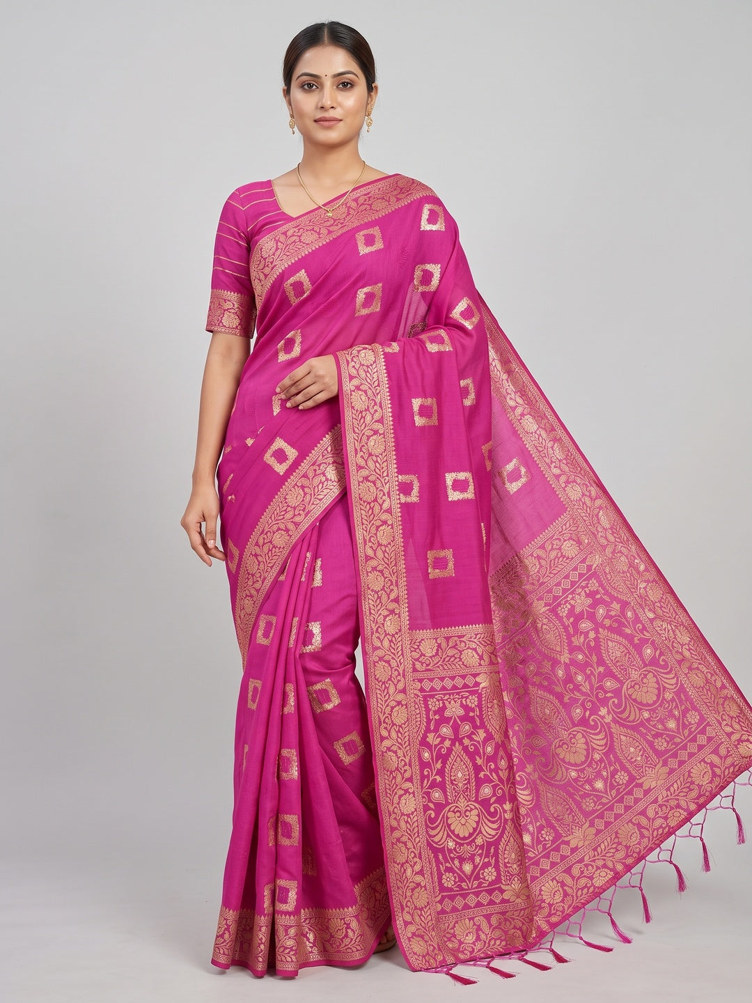 Elegant Pink Cotton Blend Saree Crafted With Rich Zari Weaving & Heritage Floral Design - Image 3