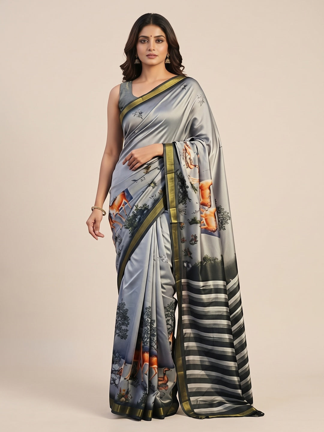 Premium Grey Digital Deer Motif Printed Mulmul Cotton Saree With Delicate Zari Border - Image 3