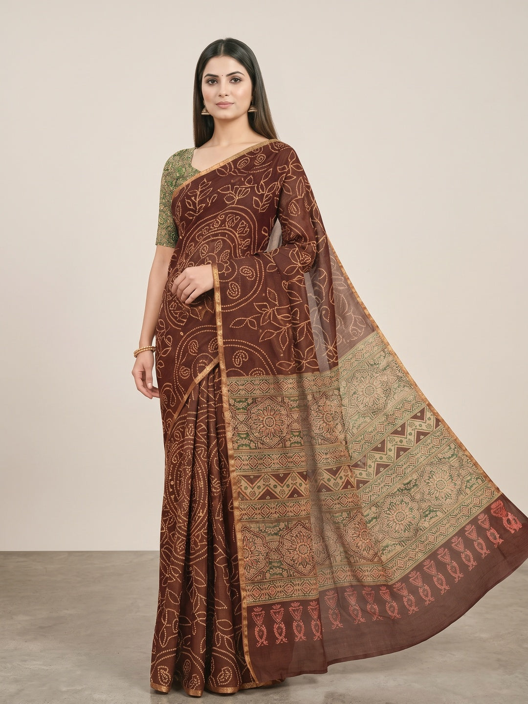 Maroon Printed Chanderi Cotton Saree with Golden Border - Image 3