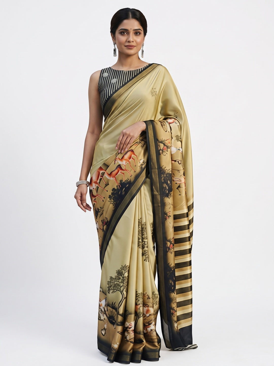 Premium Beige Digital Deer Motif Printed Mulmul Cotton Saree With Delicate Zari Border - Image 3