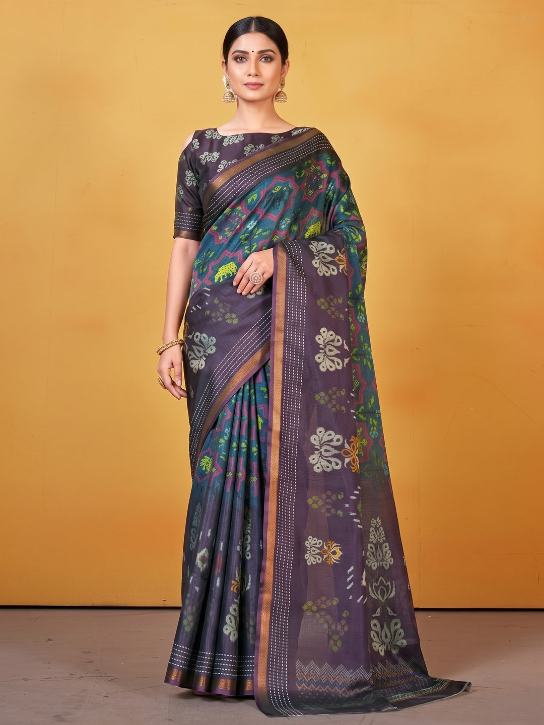 Classic Wine & Navy Blue Digital Patola Printed Silk Blend Saree With Fine Zari Woven Border - Image 3