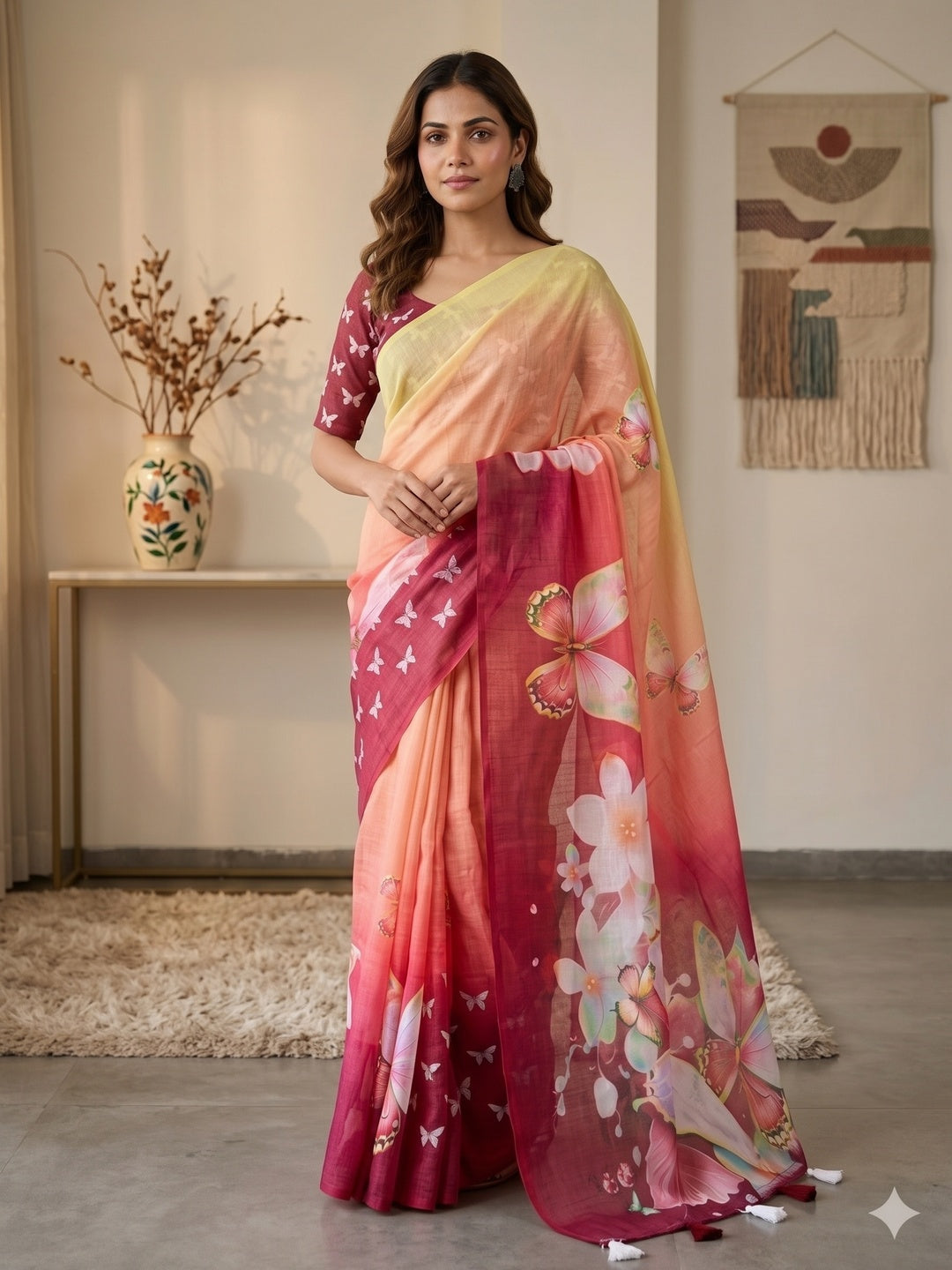 Elegant Multicolor Ombre Floral Digital Printed Saree With Butterfly Motif Work & Elegant Pallu - Image 7