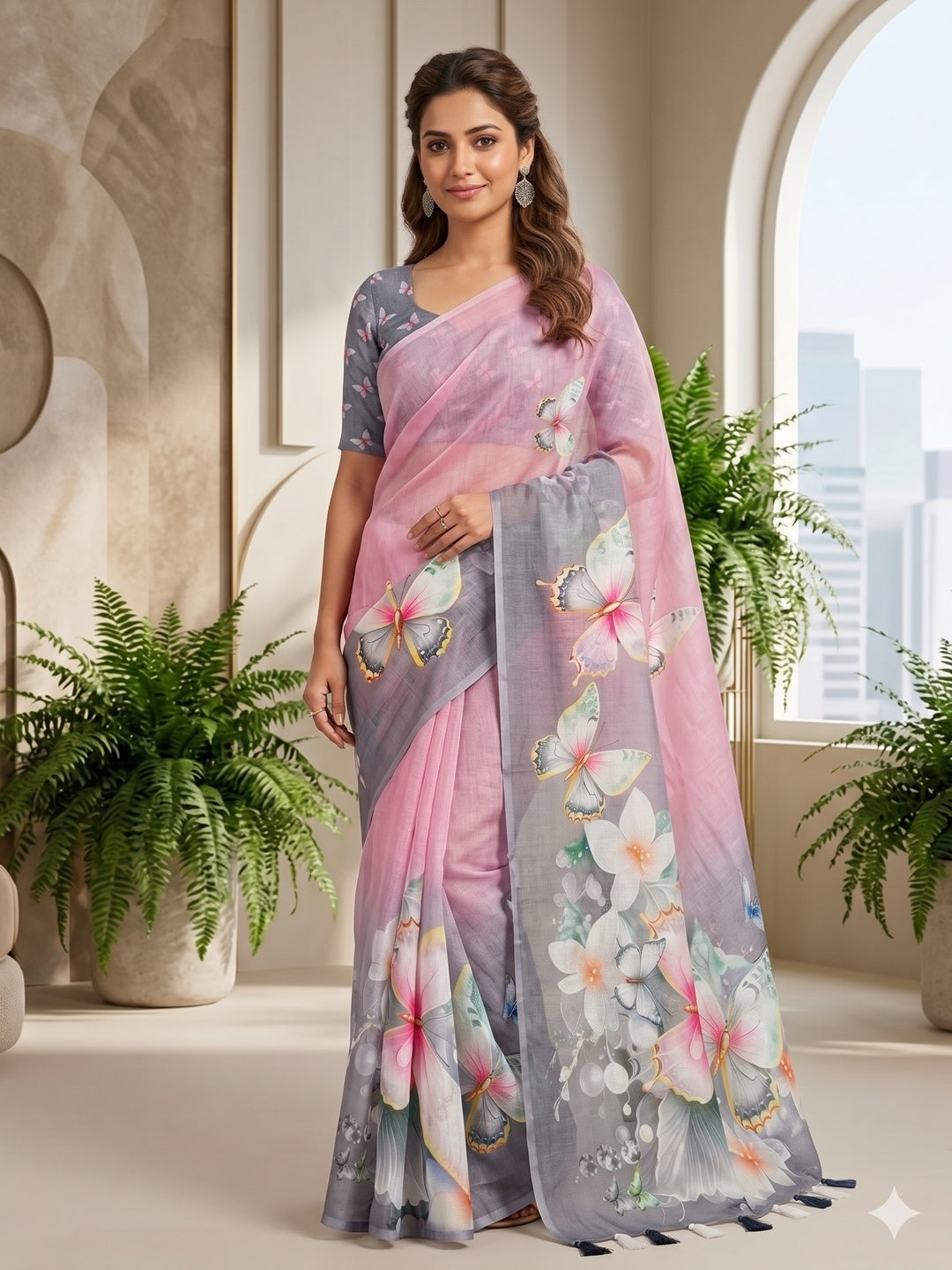 Graceful Multicolor Gradient Floral Digital Printed Saree With Artistic Butterfly Motif Pallu - Image 3