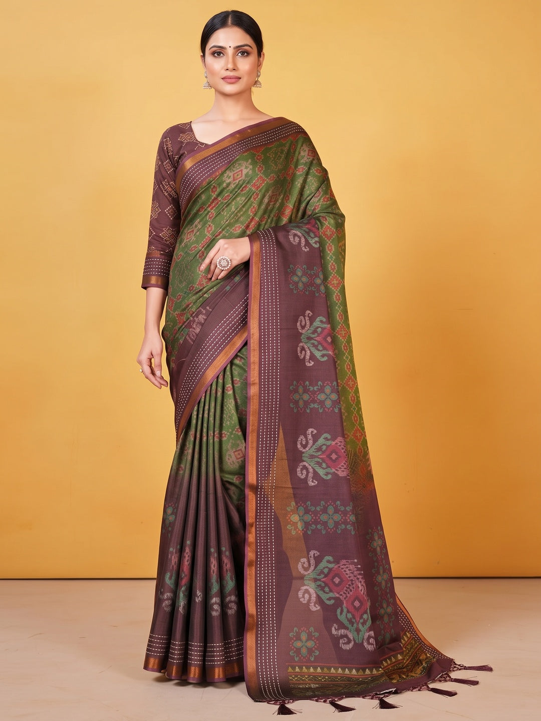 Classic Wine & Mehendi Green Digital Patola Printed Silk Blend Saree With Fine Zari Woven Border - Image 3