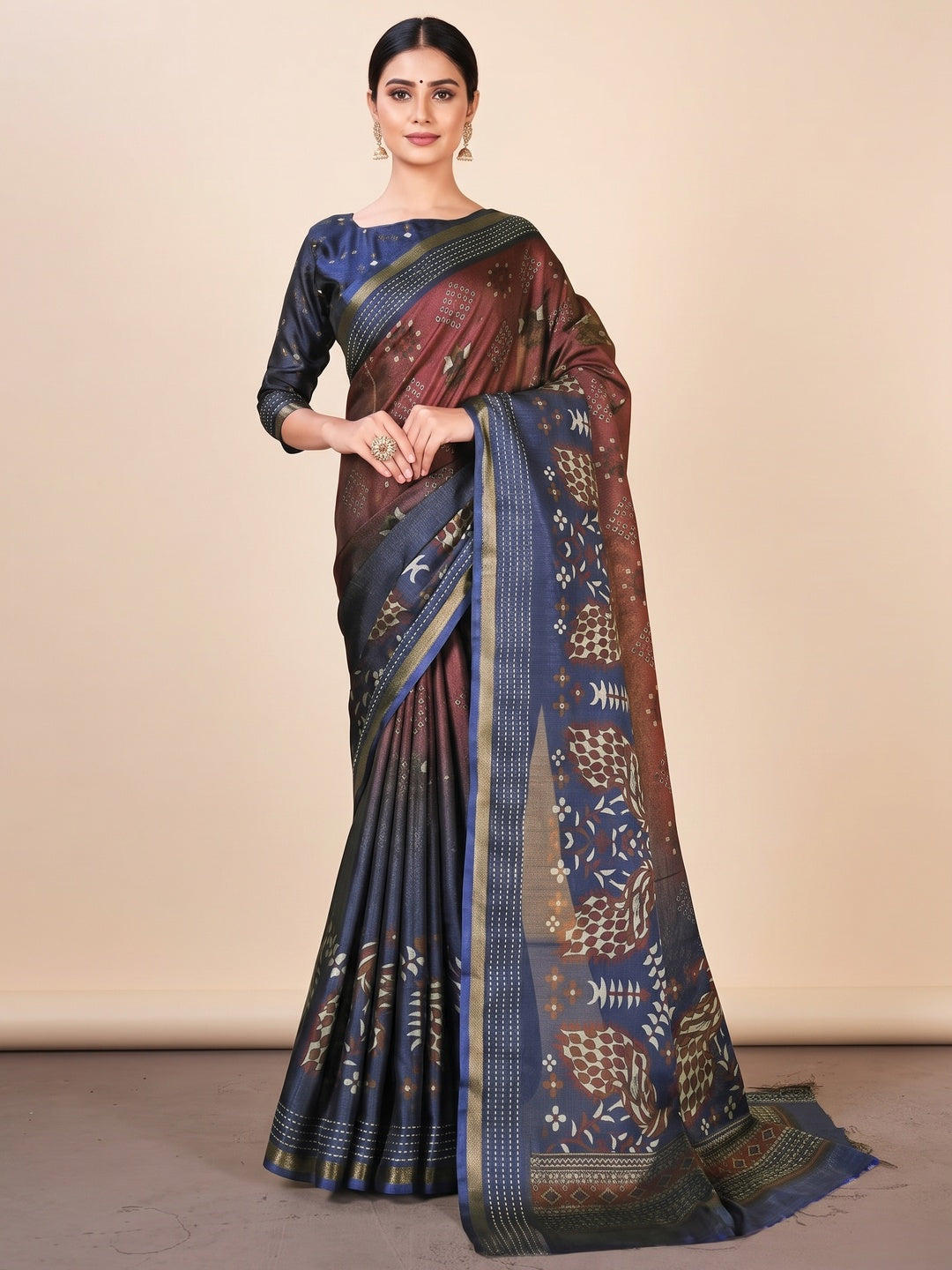 Classic Navy Blue & Maroon Digital Patola Printed Silk Blend Saree With Fine Zari Woven Border - Image 3