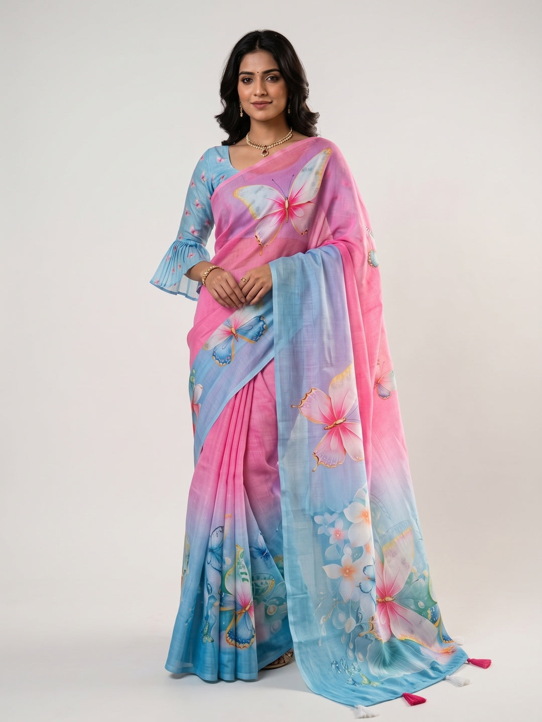 Exquisite Multicolor Soft Ombre Saree With Floral Digital Print & Butterfly Pallu Work - Image 3