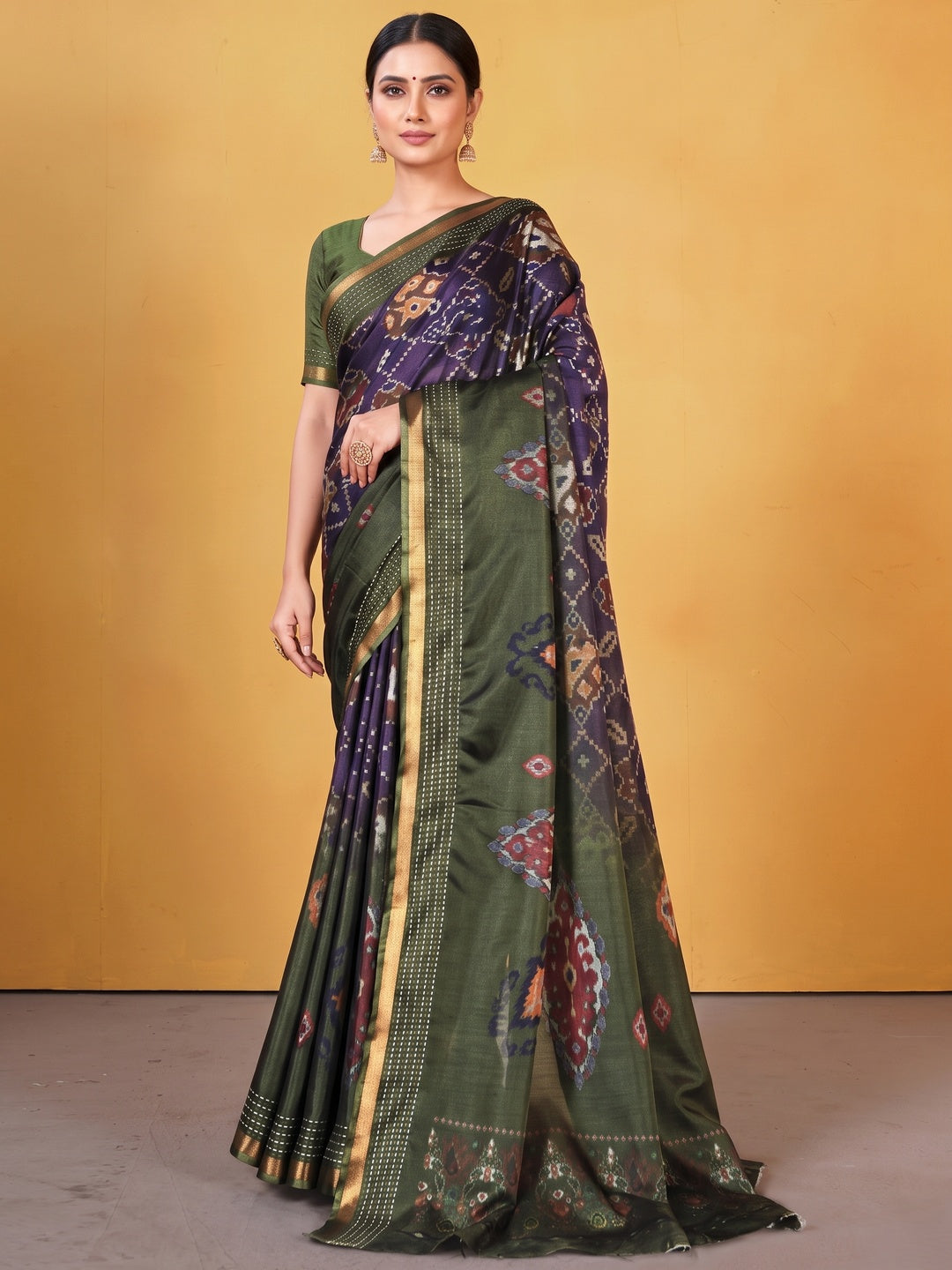 Classic Mehendi Green & Purple Digital Patola Printed Silk Blend Saree With Fine Zari Woven Border - Image 3