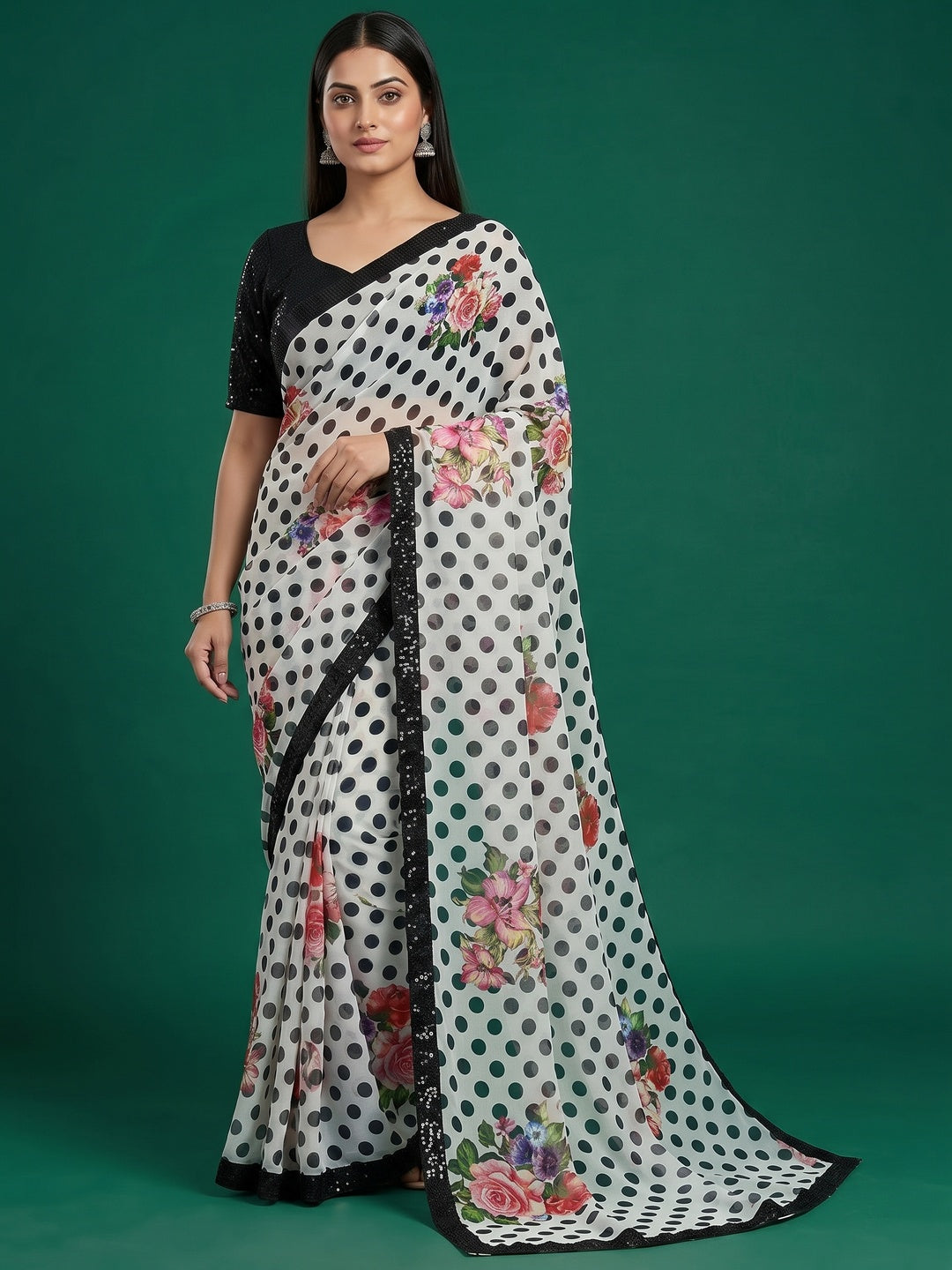 White & Black Georgette Saree Adorned with Elegant Polka Dot and a Subtle Sequin Border - Image 3