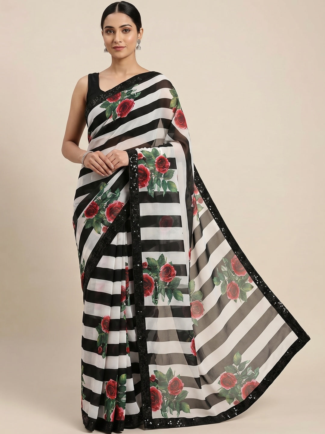 Black Georgette Saree Highlighted with Striped Design and a Delicate Sequin Border - Image 3