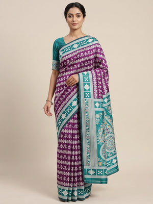 Purple Weaving Cotton Silk Saree With Contrasting Floral & Peacock Design Pallu - Image 1