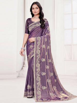 Classic Violet Floral Embroidered Organza Satin Silk Saree With Dazzling Diamond Work - Image 1