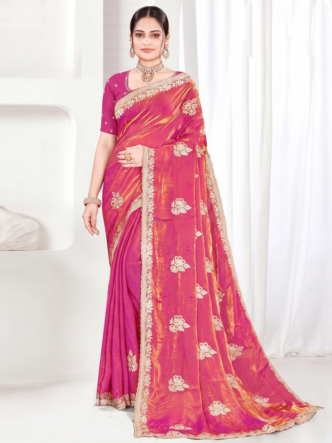 Classic Pink Floral Embroidered Organza Satin Silk Saree With Shimmering Diamond Work - Image 1