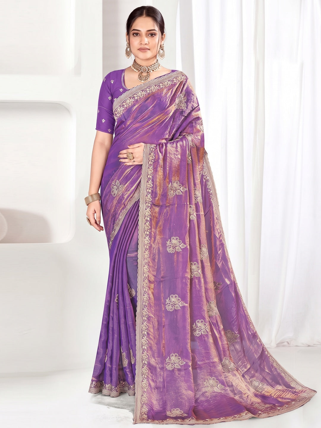 Classic Purple Floral Embroidered Organza Satin Silk Saree With Shimmering Diamond Work - Image 1
