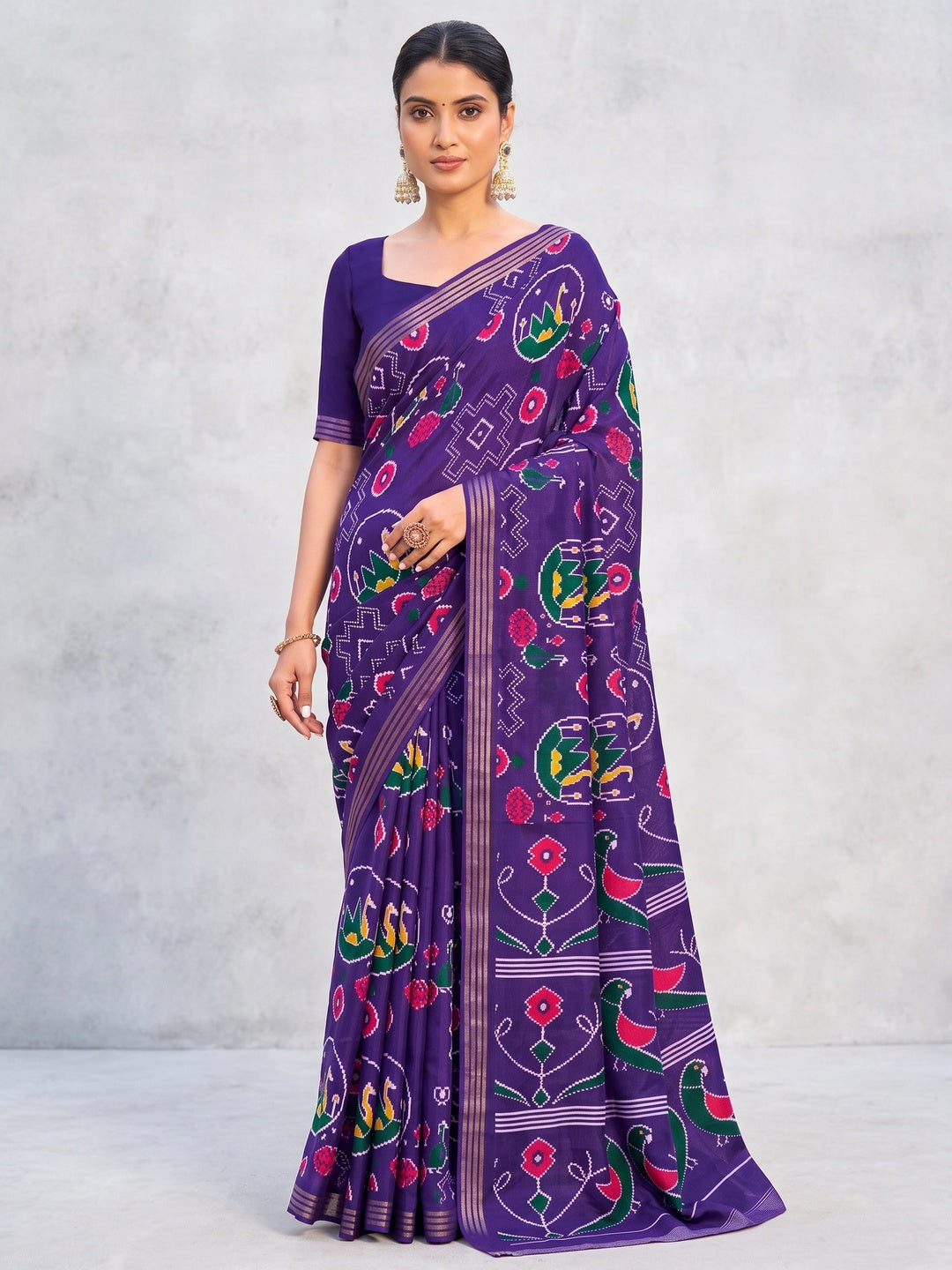 Elegant Violet Tussar Silk Saree with Traditional Ikkat Motifs - Image 3
