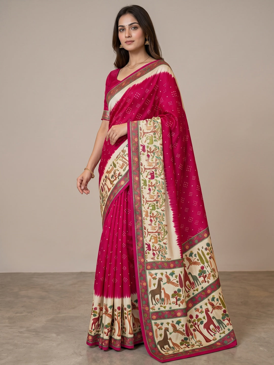 Premium Pink Bandhani & Animal Printed Dola Silk Saree With Rich Foil Work - Image 3