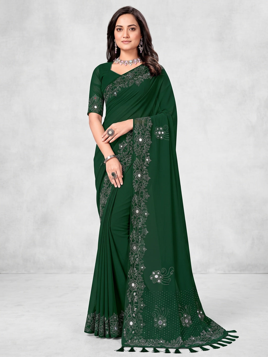 Green Floral Swarovski With Mirror Work Georgette Saree - Image 1