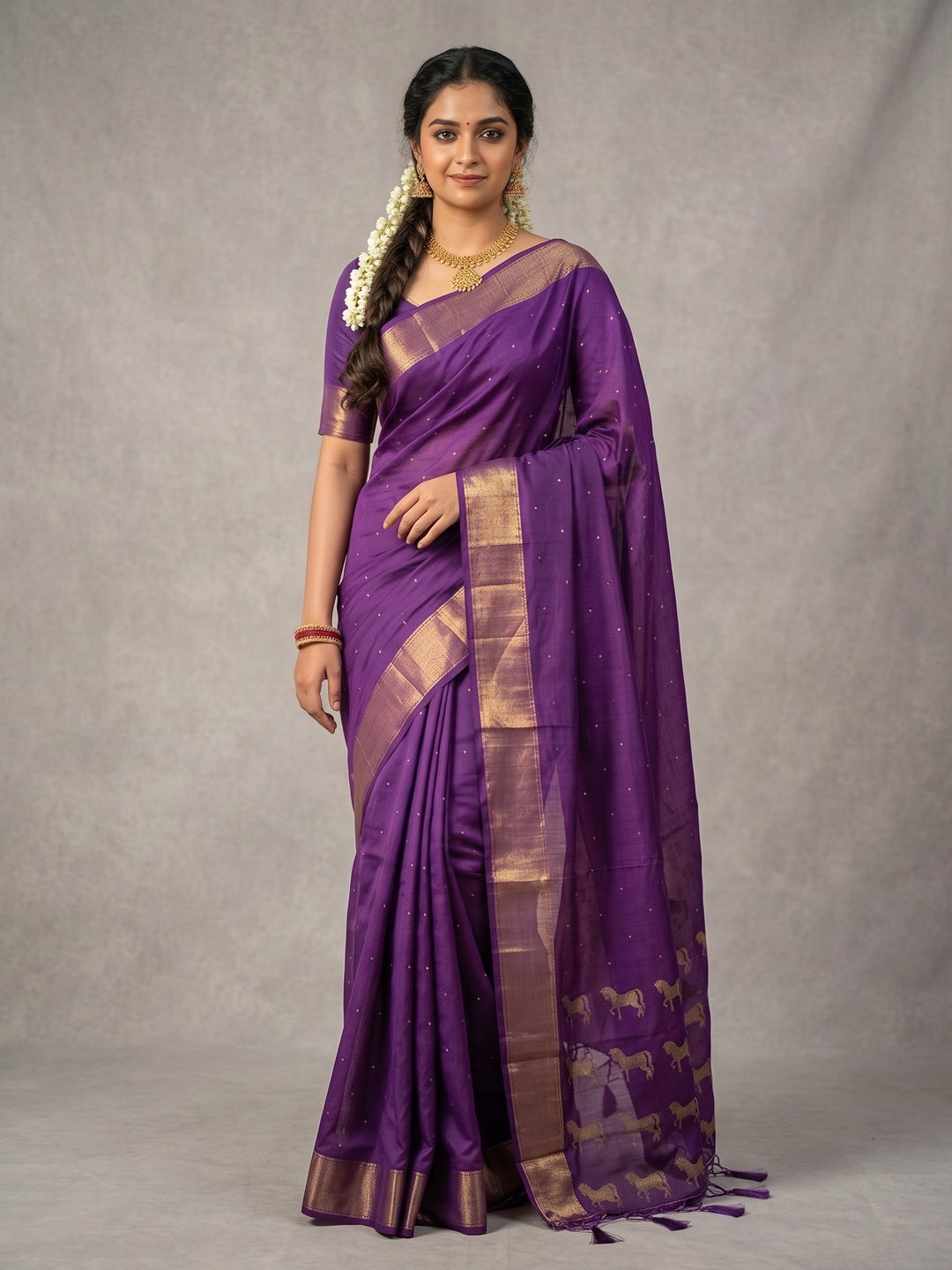 Majestic Violet Horse Motif Woven Soft Silk Blend Saree With Designer Tassel Pallu - Image 3