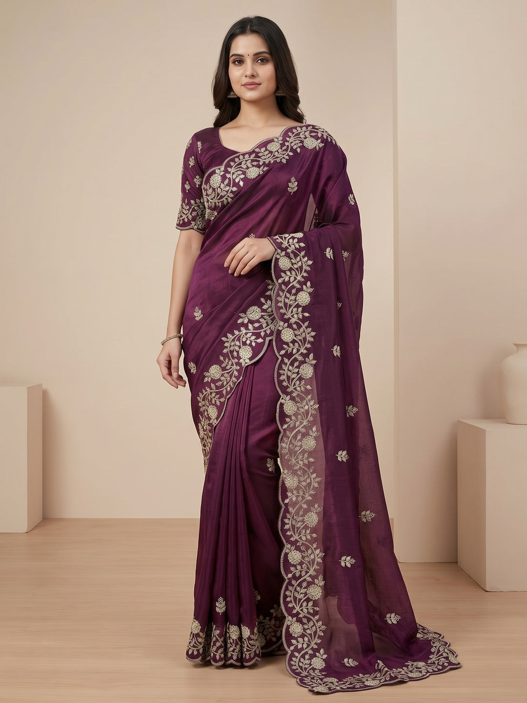 Wine Party Wear Saree in Fandy Satin Fabric with Detailed Thread Embroidery Work - Image 3