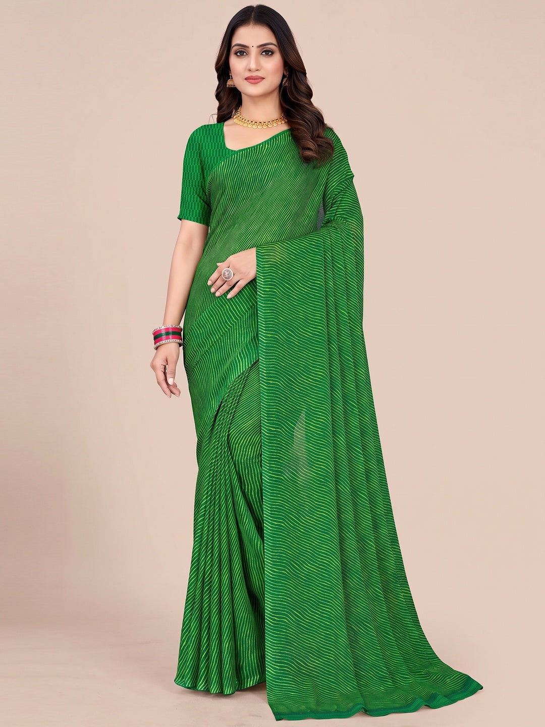 Chiffon Saree In Green with Classic Leheriya Print - Image 1