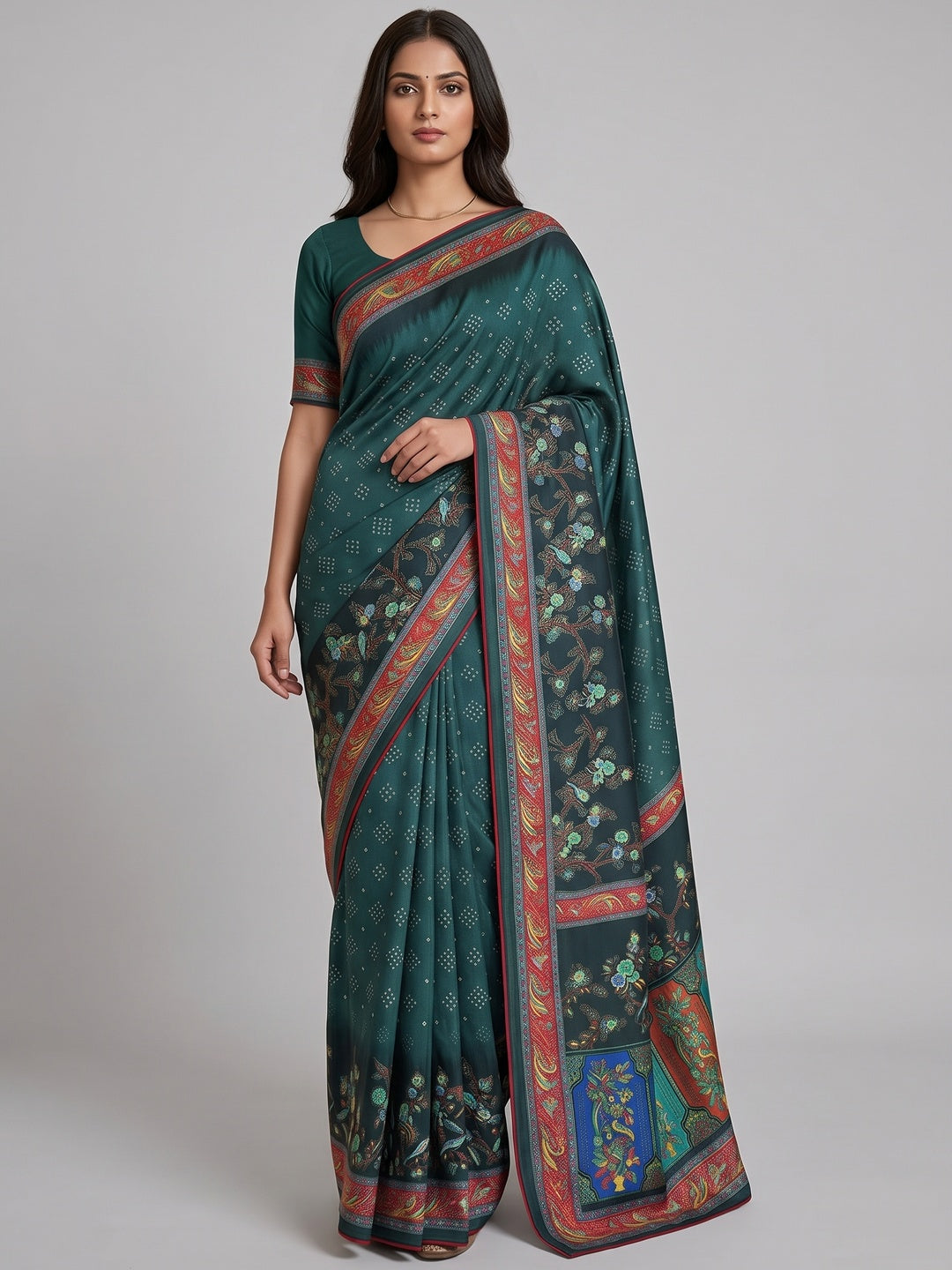 Premium Teal Bandhani & Floral Printed Dola Silk Saree With Rich Foil Work - Image 3