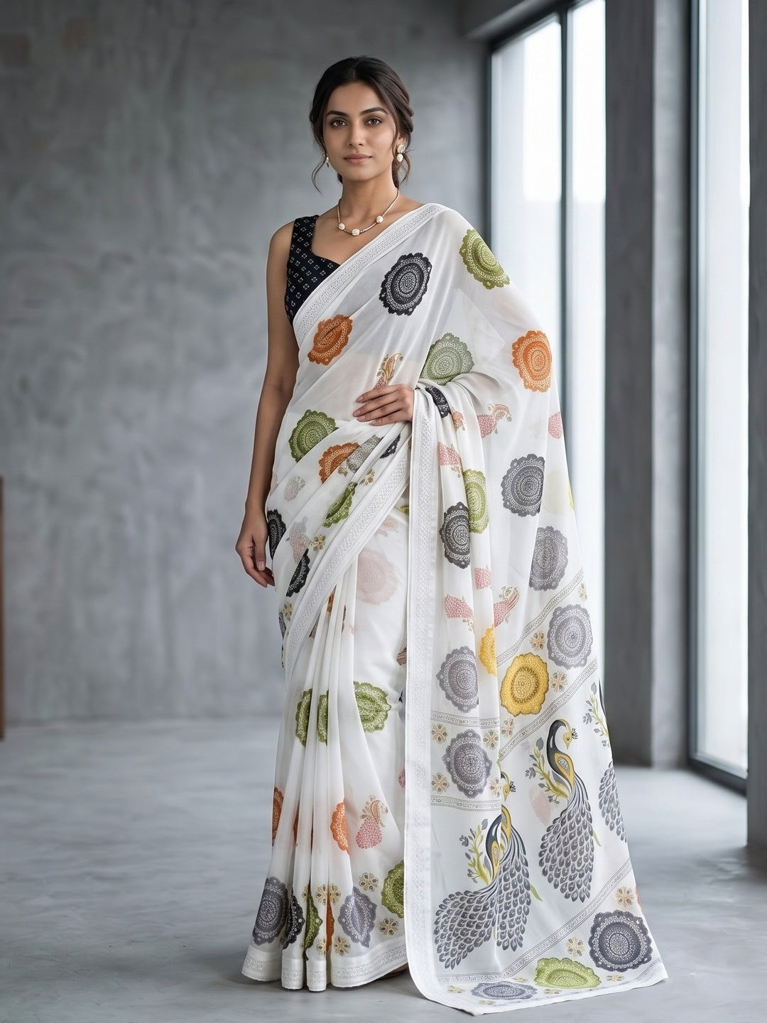 Classic White & Black Peacock Pattern Printed Georgette Saree - Image 3