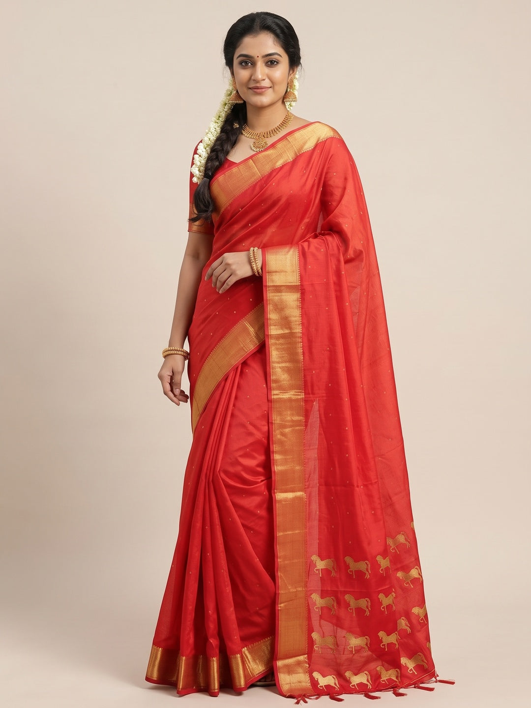 Majestic Red Horse Motif Woven Soft Silk Blend Saree With Designer Tassel Pallu - Image 3