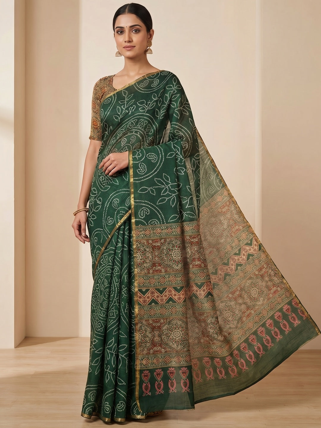 Dark Green Linen Saree with Bandhani Print and Ethnic Motifs - Image 3