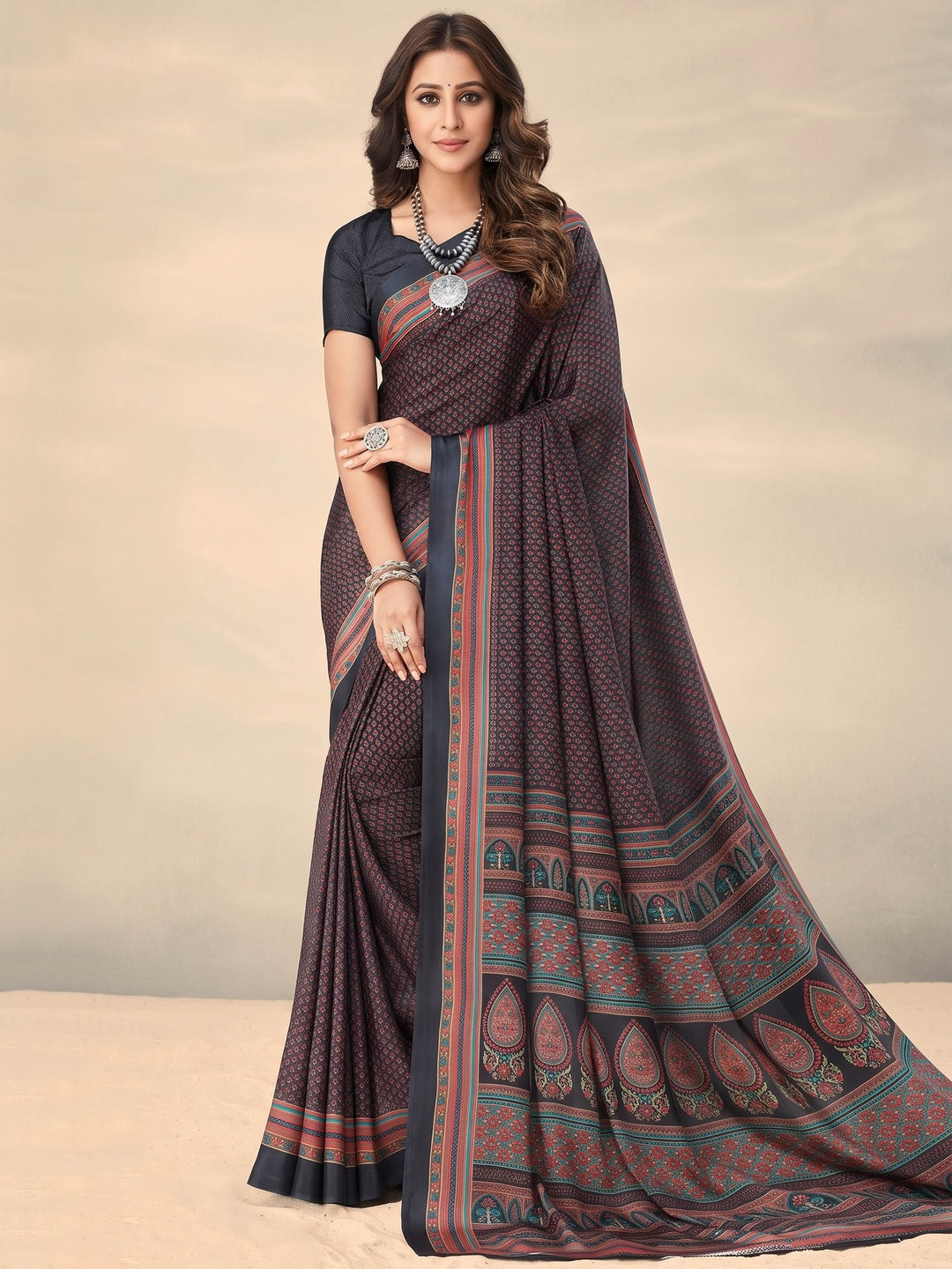 Grey Printed Crepe Saree - Image 1