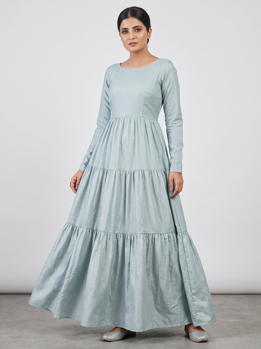 Preferable Dusty Sky Blue Colored Party Wear Foil Printed Silk Blend Gown - Image 1