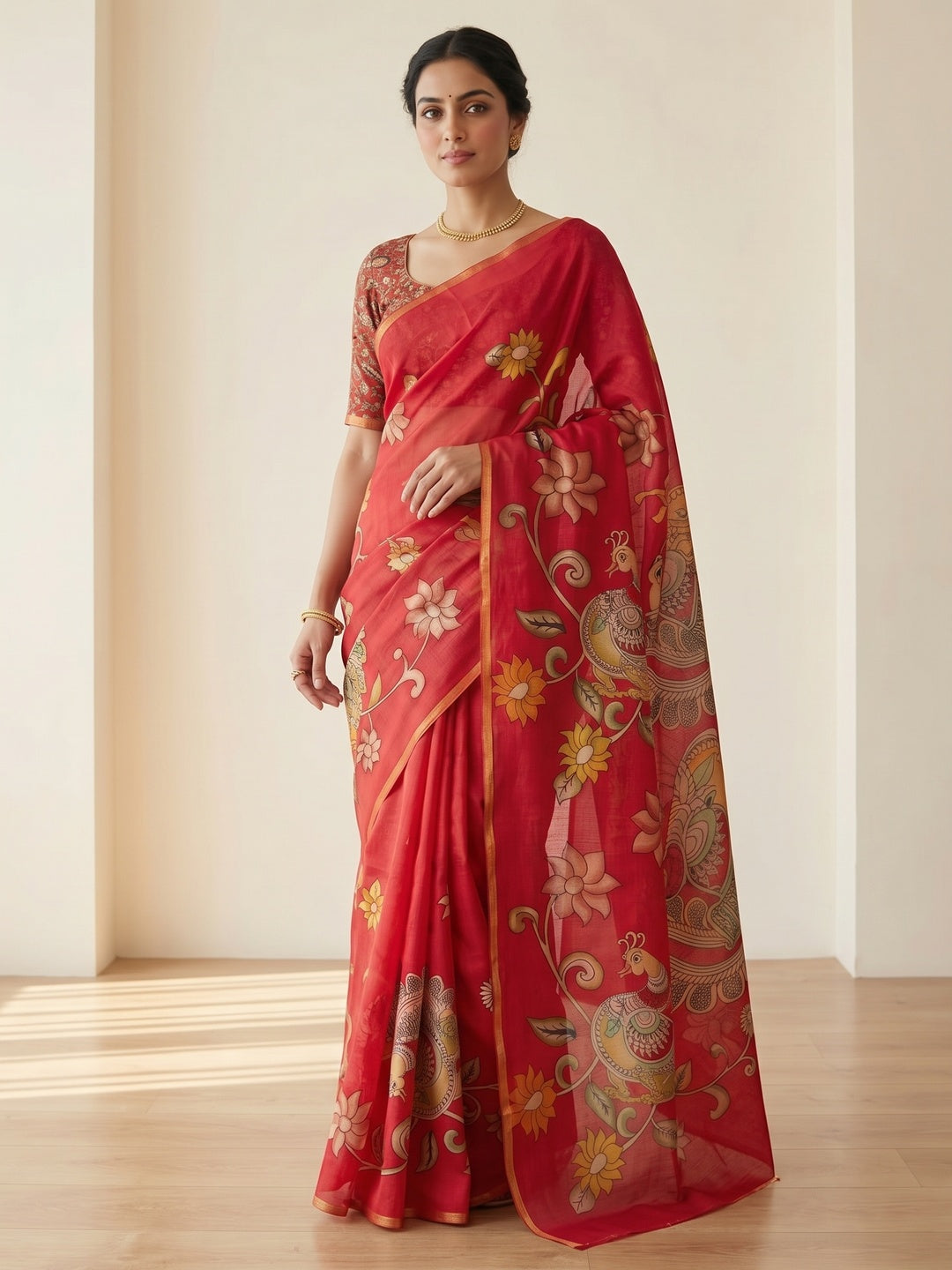 Elegant Red Chanderi Silk Saree with Kalamkari Peacock Motif - Image 3