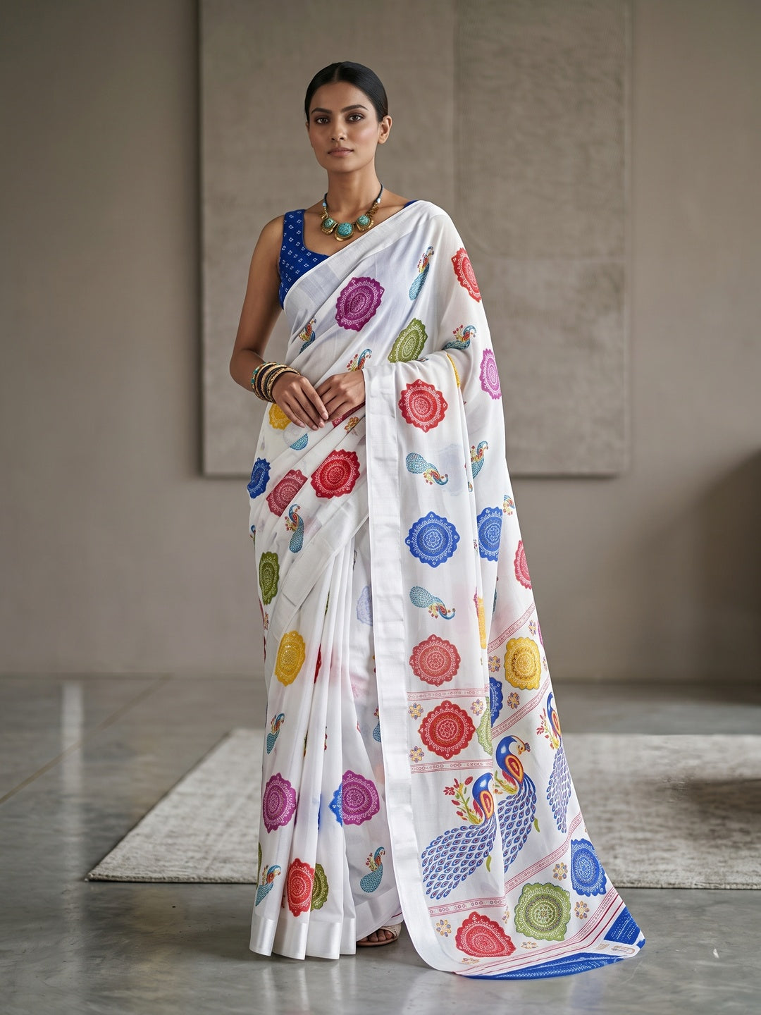 Multicolor Bandhani Print Georgette Saree with Peacock Motifs - Image 3