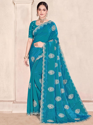 Luxury Blue Floral Zari Embroidery With Sparkling Diamond Work Organza Satin Silk Saree - Image 1