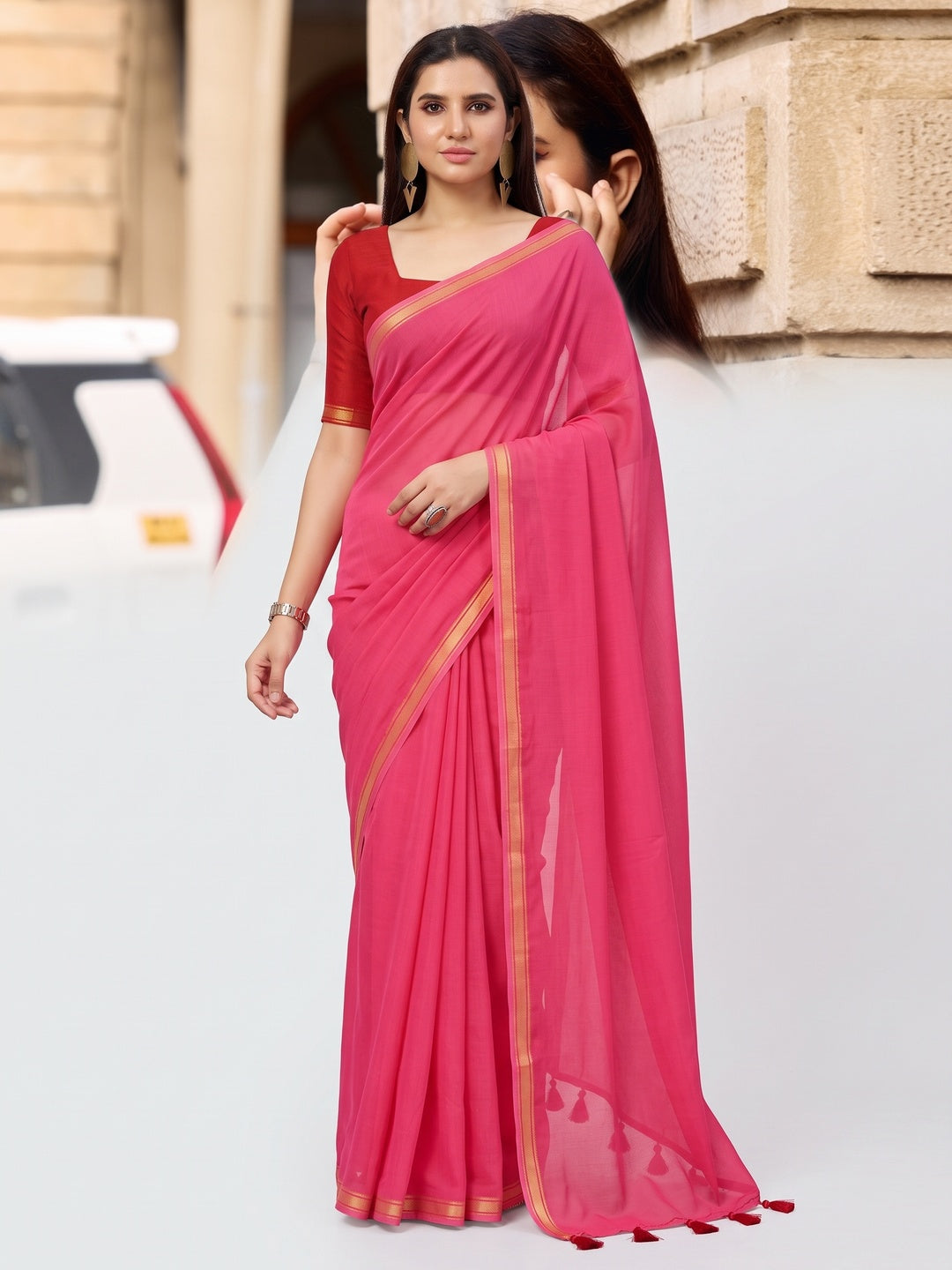 Charming Pink Solid Mulmul Cotton Saree Highlighted By Zari Weaving Border & Tassel Pallu - Image 3