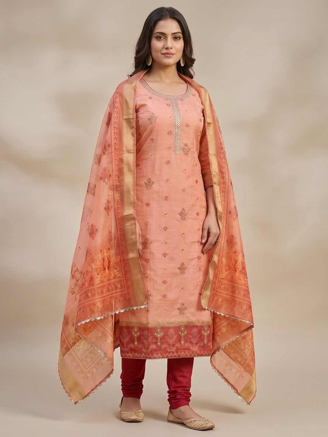 Luxurious Peach Floral Beads & Moti Handwork Banarasi Silk Dress Material With Shimmering Sequins - Image 3