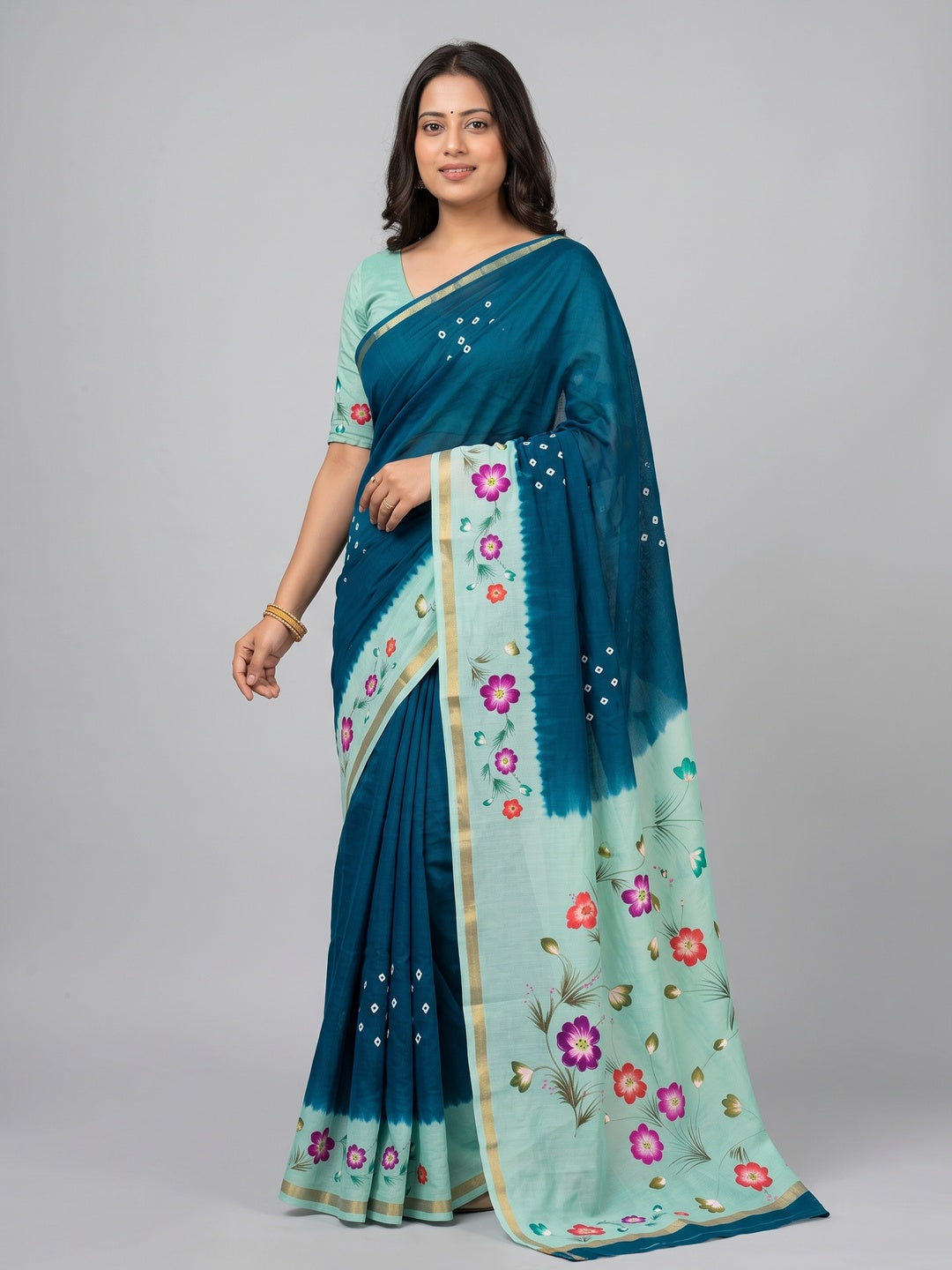 Rama Blue Mulmul Cotton Saree with Floral Print - Image 7