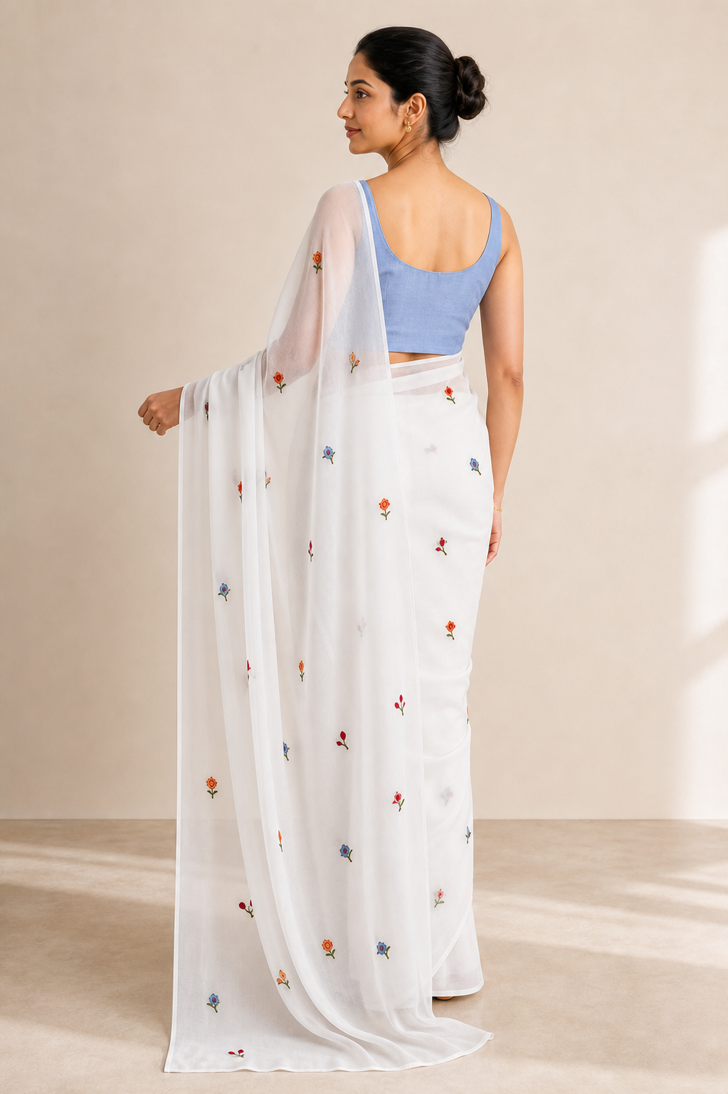 Peachmode White Floral Embroidered Georgette Saree with Light Blue Blouse - Image 5
