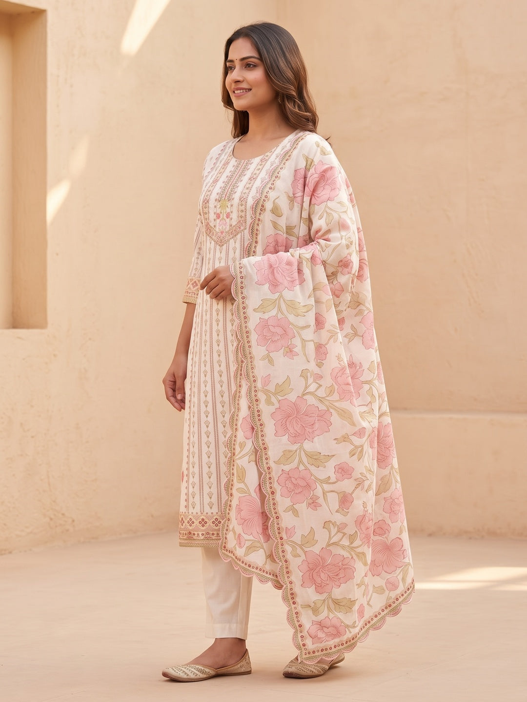 Peachmode Off White Pure Cotton Floral Embroidered Salwar Suit Set - Image 3