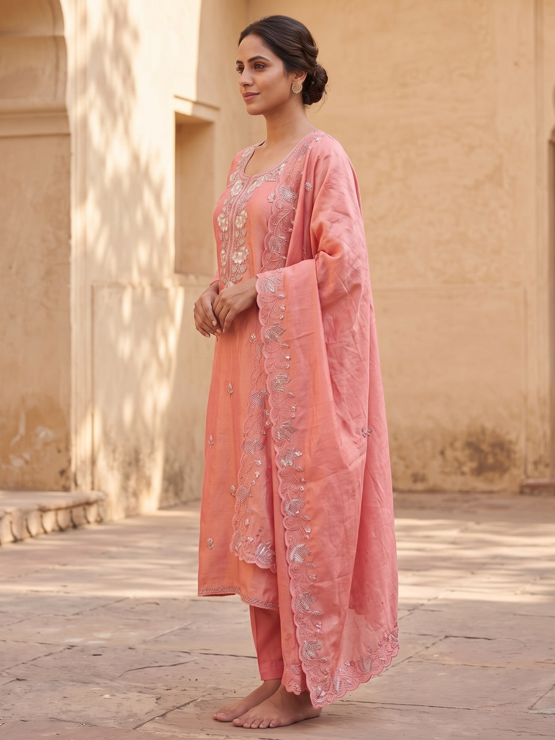 Peachmode Pink Silk Blend Embroidered Salwar Suit Set - Image 3
