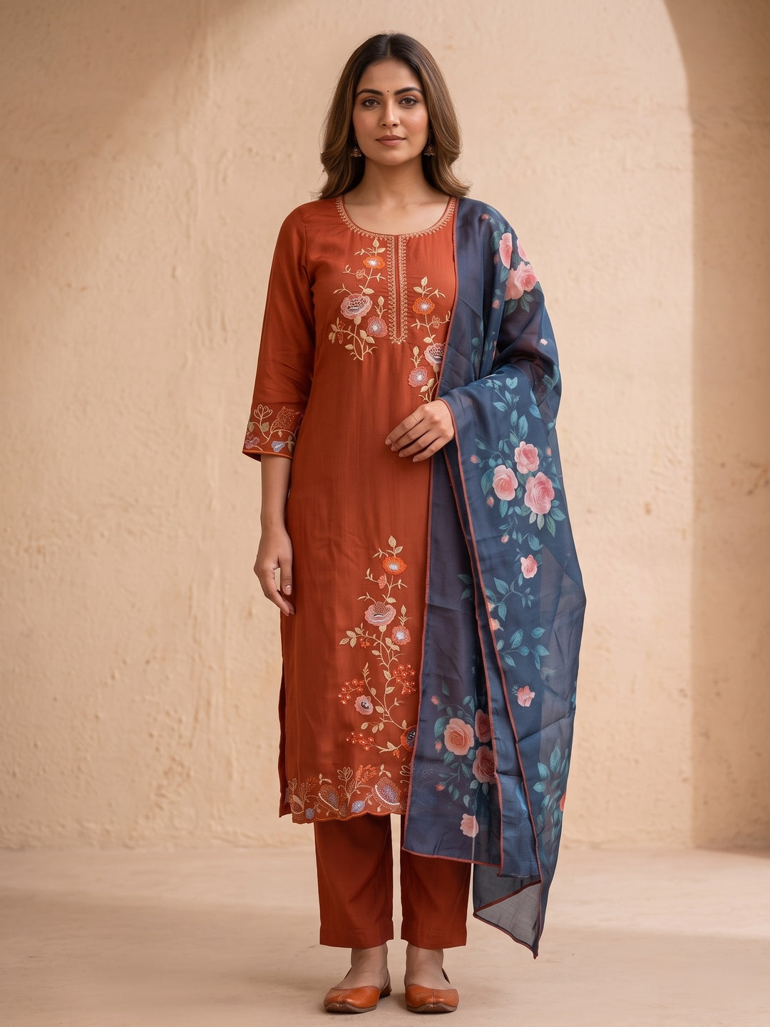 Peachmode Orange Viscose Blend Embroidered Salwar Suit Set - Image 2