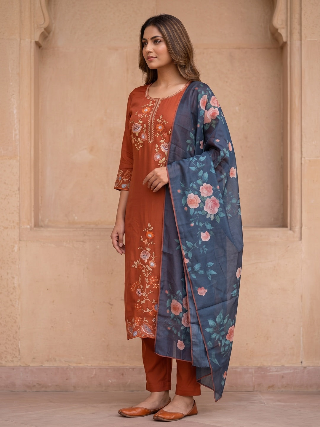 Peachmode Orange Viscose Blend Embroidered Salwar Suit Set - Image 3