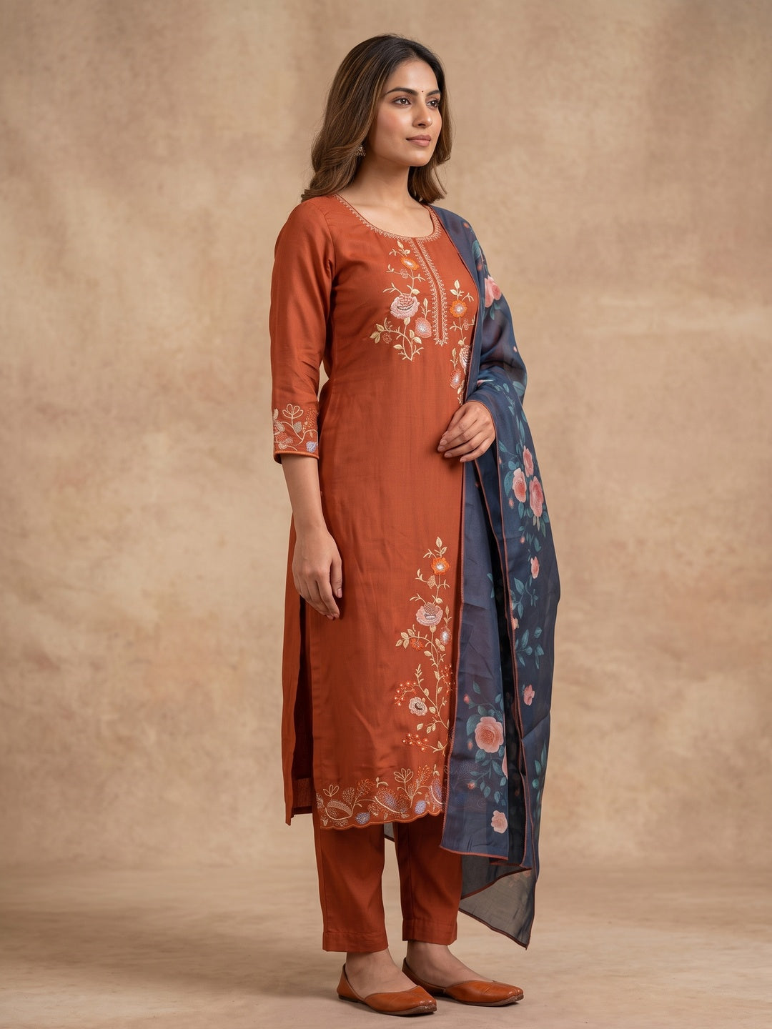 Peachmode Orange Viscose Blend Embroidered Salwar Suit Set - Image 4