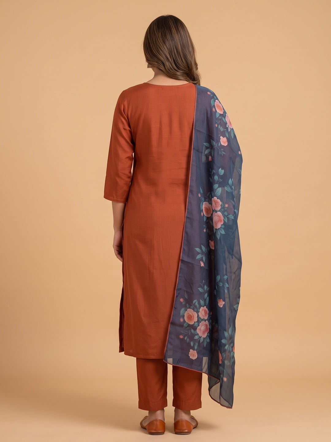 Peachmode Orange Viscose Blend Embroidered Salwar Suit Set - Image 5