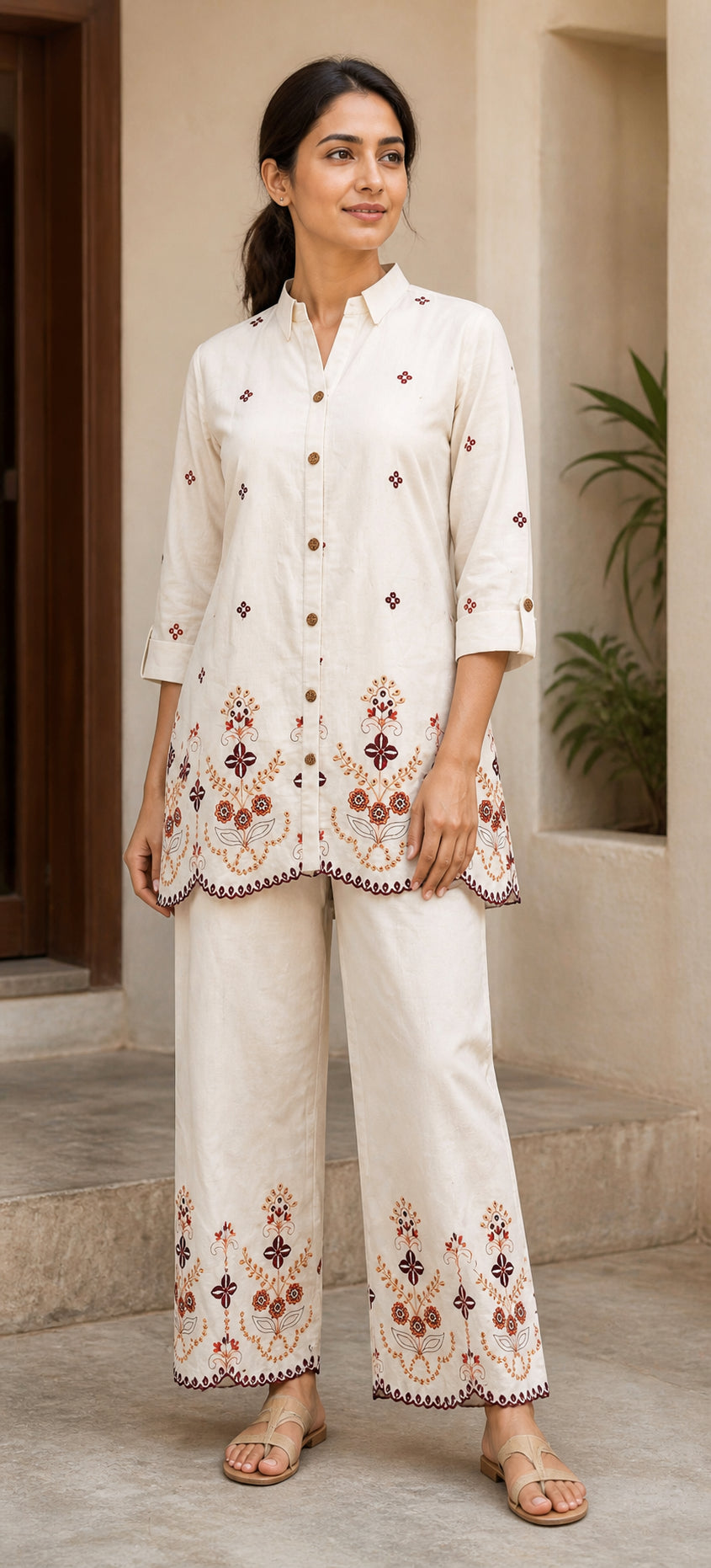 Peachmode Cream Pure Cotton Embroidered Co-ord Set - Image 1