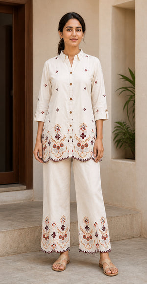 Peachmode Cream Pure Cotton Embroidered Co-ord Set - Image 2