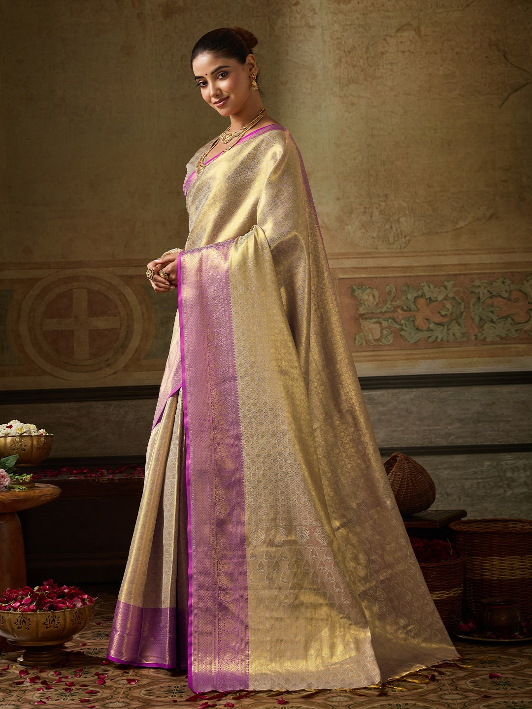 Peachmode Cream Kanchivaram Silk Woven Saree - Image 2